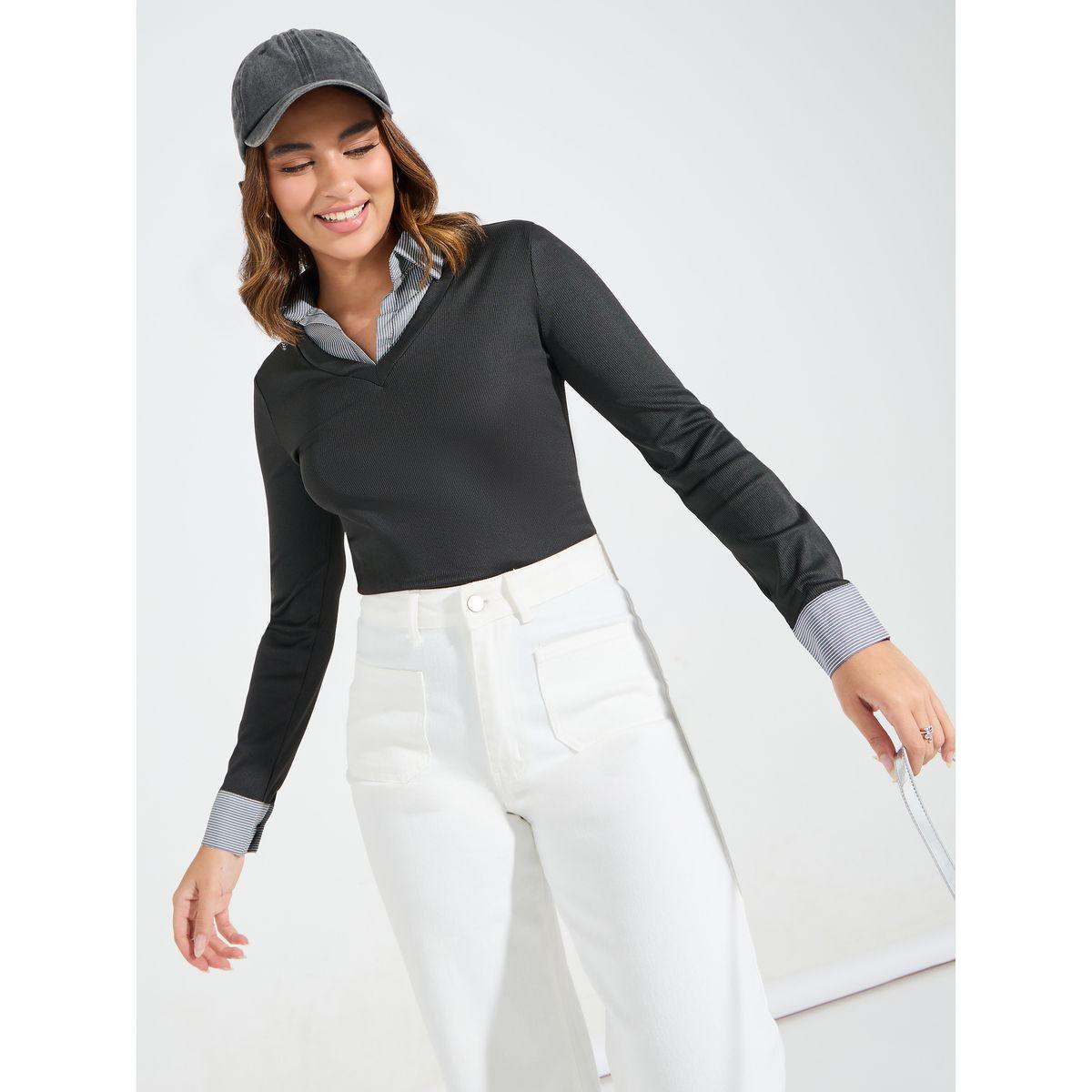 Styli Elevate Rib Regular Fit Contrast Long Sleeve T-Shirt-women-clothing-tshirts-image-1
