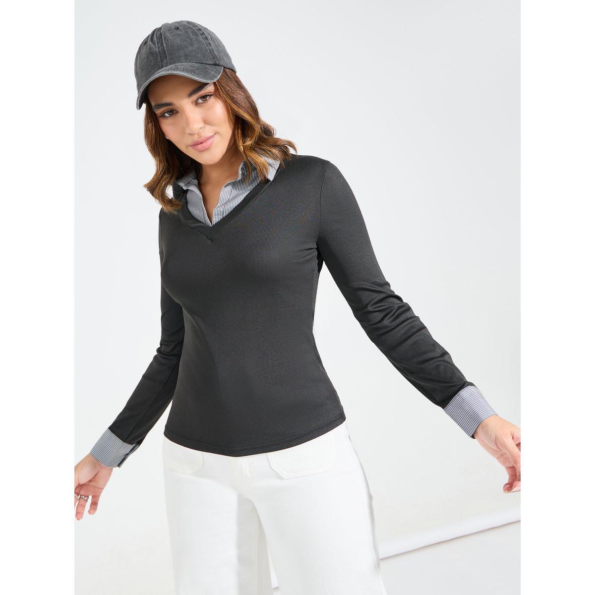 Styli Elevate Rib Regular Fit Contrast Long Sleeve T-Shirt-women-clothing-tshirts-image-3