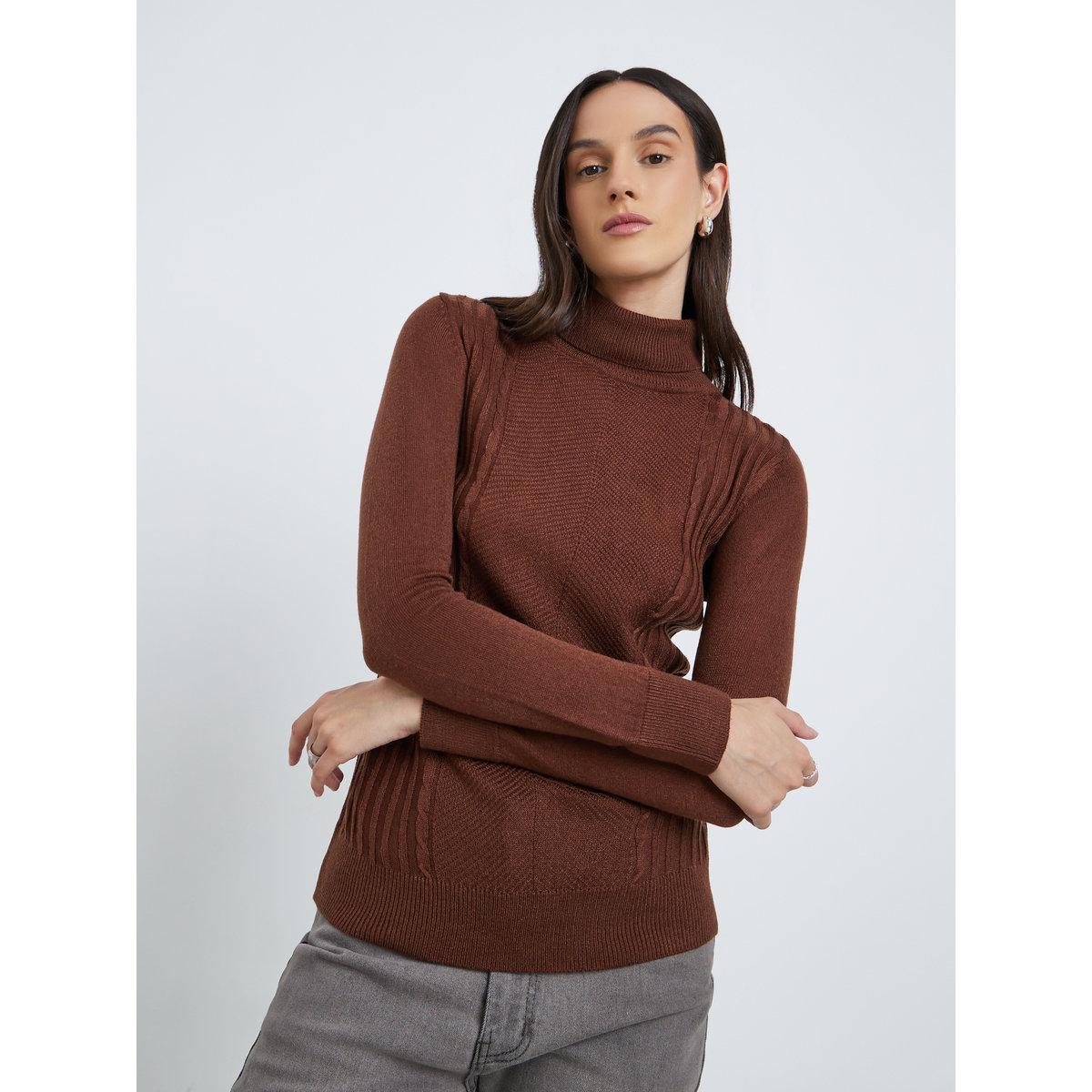 Styli Brown Turtleneck Slim Fit Sweater-women-winterwear-cardigansandjumpers-jumpers-image-3