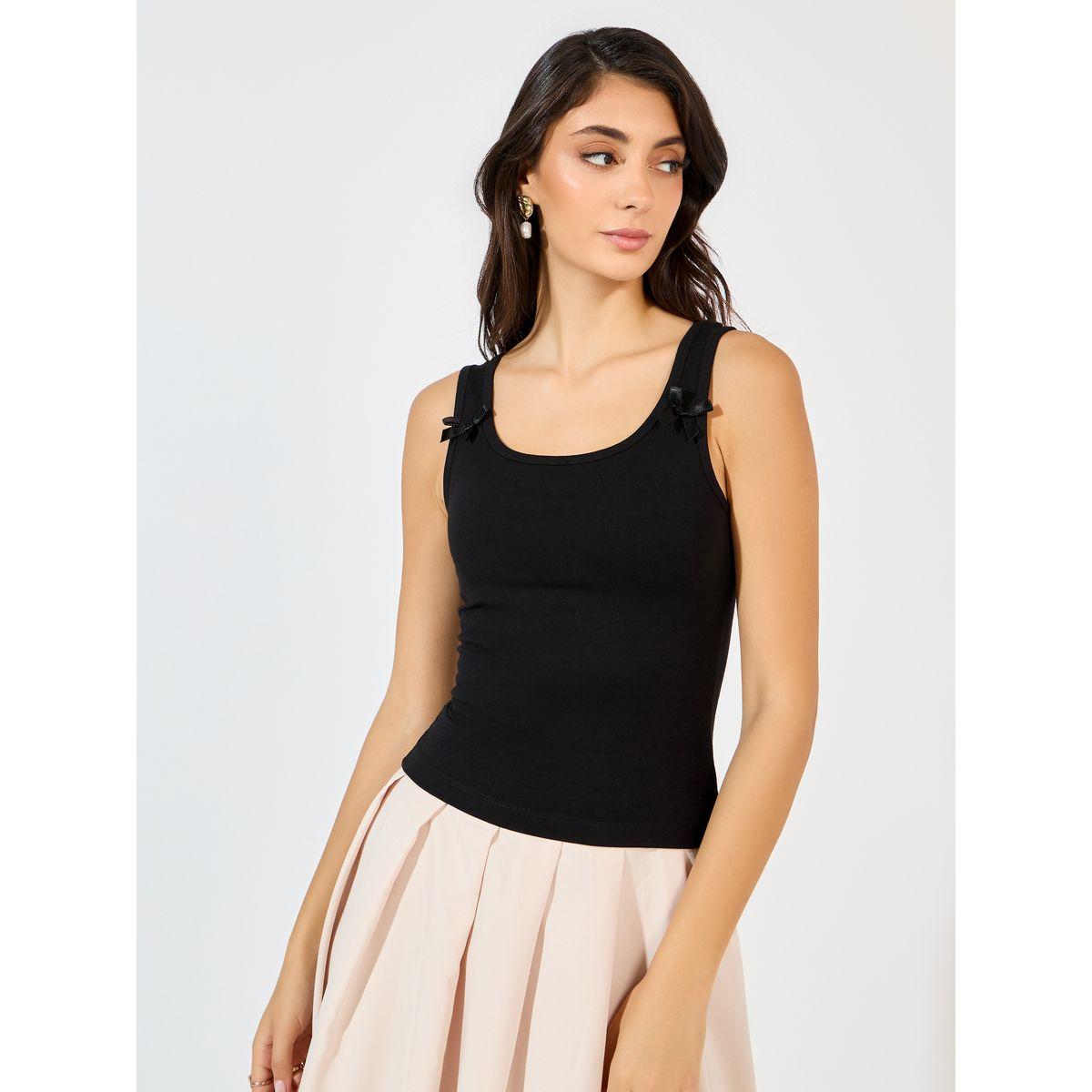 Styli Ribbon Detail Square Neck Fitted Tank-women-clothing-tshirts-image-1