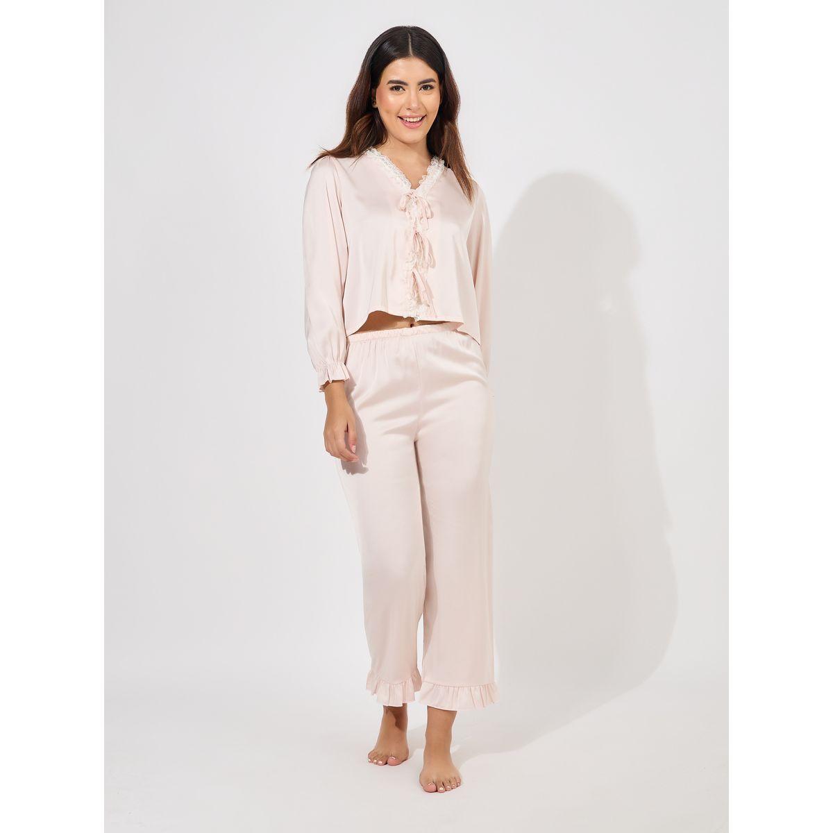 طقم من بنطال بيجاما مع بلوزة باربطة وتفاصيل دانتيل-women-clothing-nightwear-pyjamas-longsets-image-1