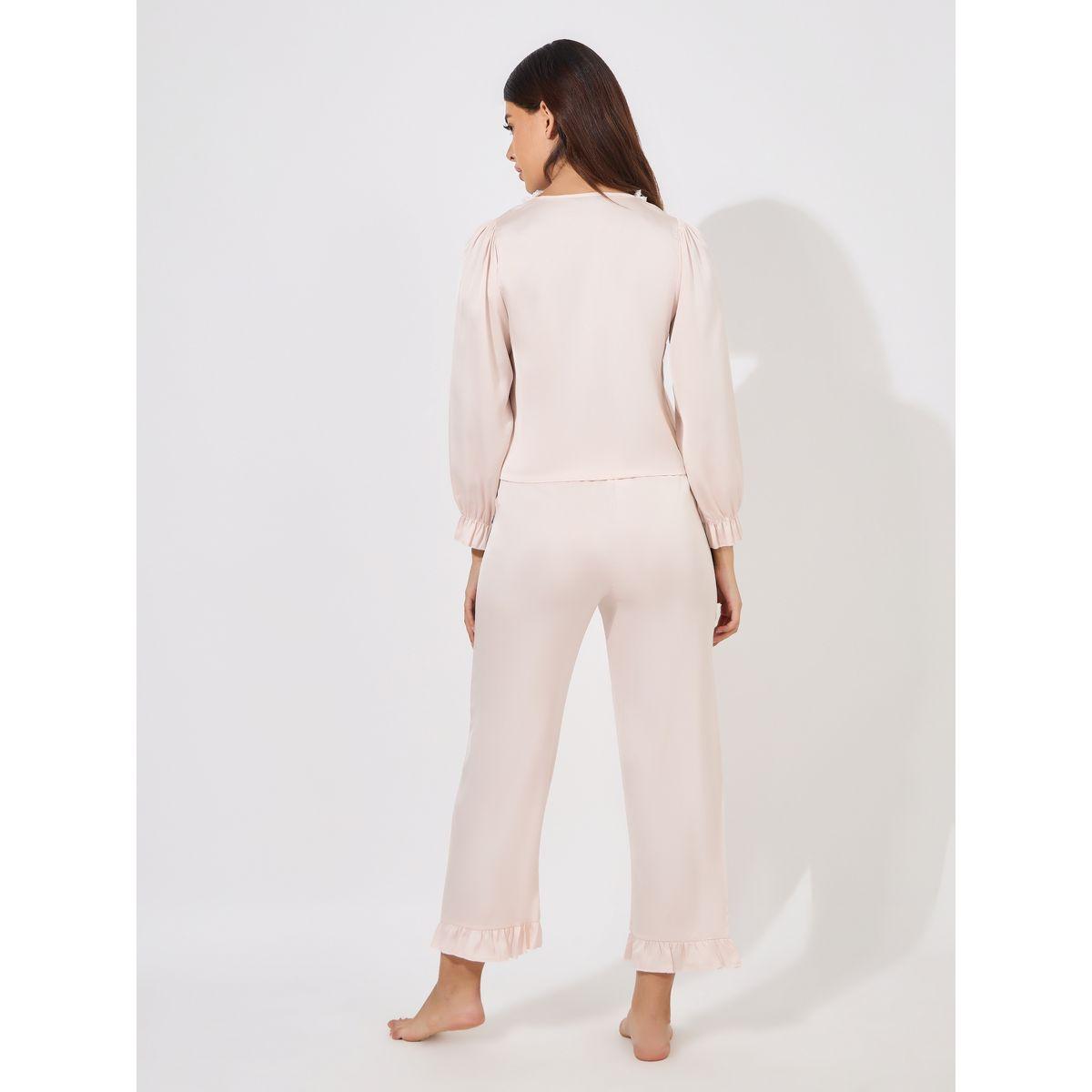 طقم من بنطال بيجاما مع بلوزة باربطة وتفاصيل دانتيل-women-clothing-nightwear-pyjamas-longsets-image-4