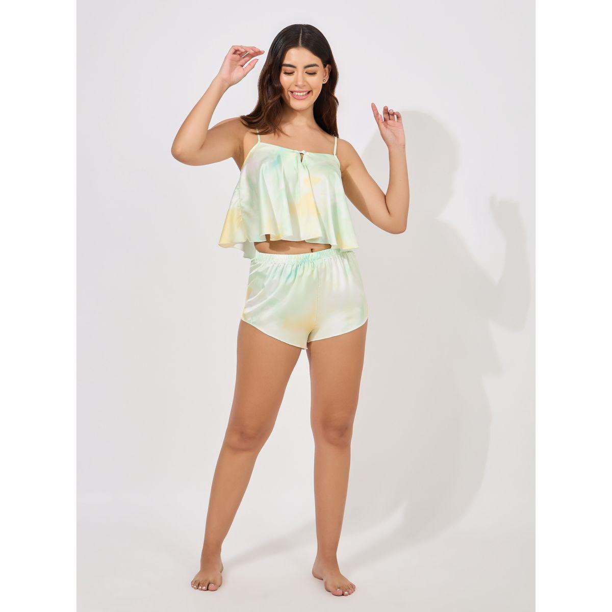 مجموعة من شورت مع بلوزة كامي ساتان بطبعة تاي داي-women-clothing-nightwear-pyjamas-shortsets-image-2