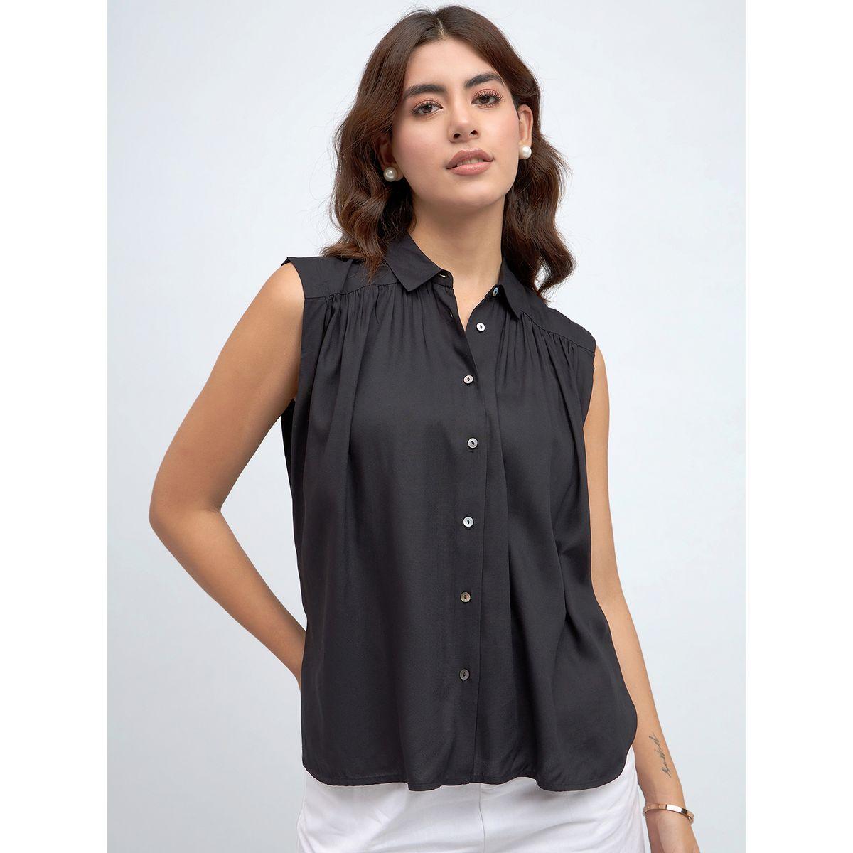 بلوزة كاجوال بلا اكمام مع ازرار دينيس لينجو × ستايلي-women-clothing-shirtsandblouses-shirts-image-1