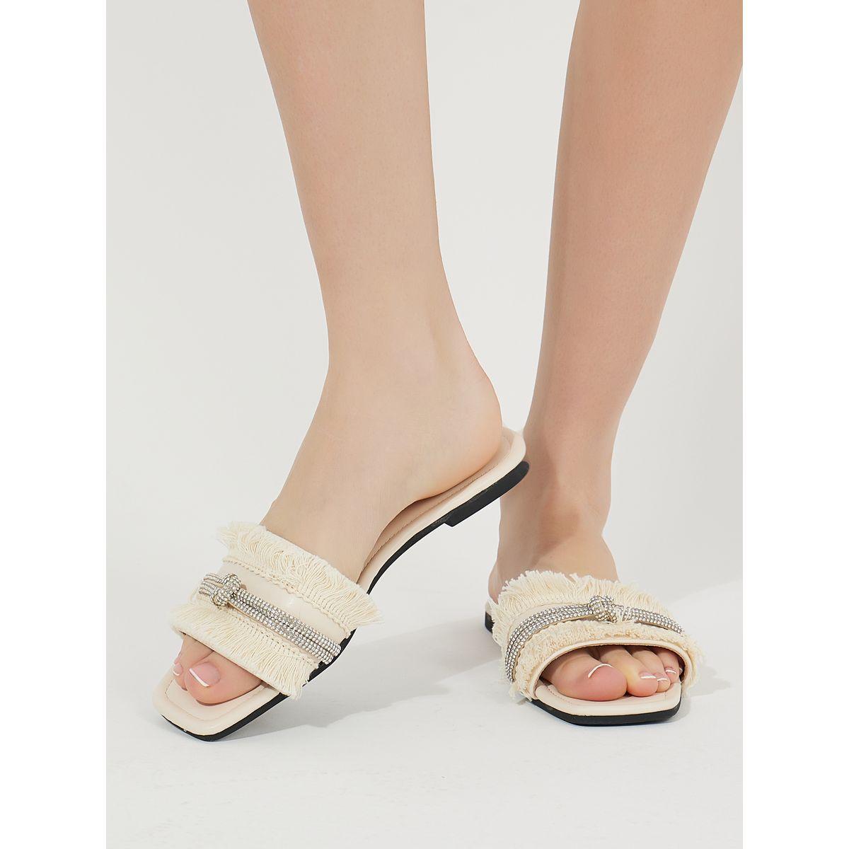 Styli Embellished Fringe Detail Flat Sandals-women-shoes-sandals-flats-image-1