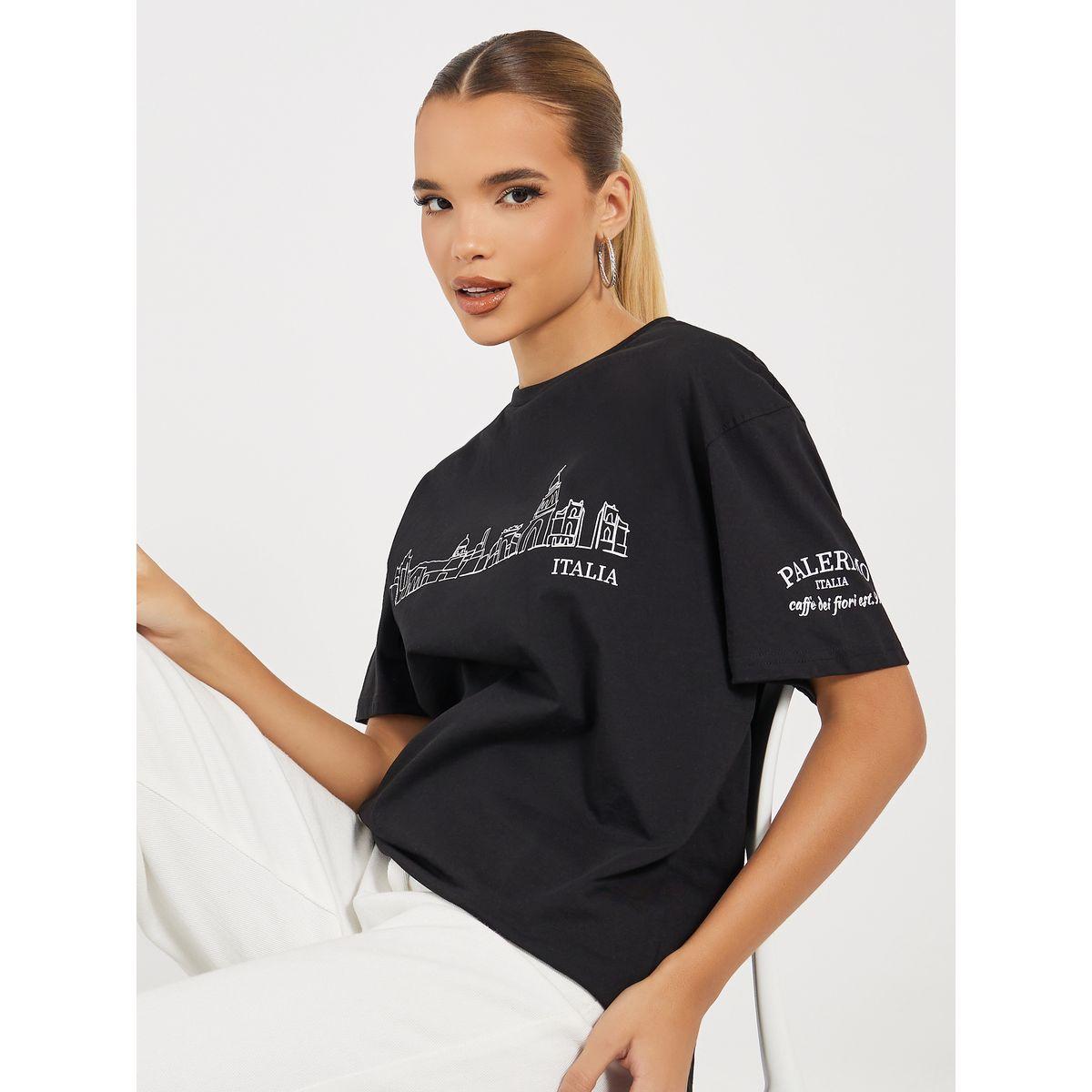 تيشيرت فضفاض بطبعة جرافيك وأكمام قصيرة-women-clothing-tshirts-image-1