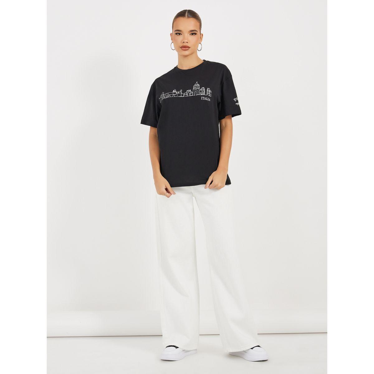 تيشيرت فضفاض بطبعة جرافيك وأكمام قصيرة-women-clothing-tshirts-image-2