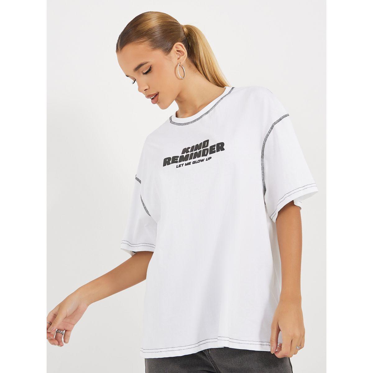 Styli Oversized Slogan Print Round Neck T-Shirt with Contrast Stitch-women-clothing-tshirts-image-1