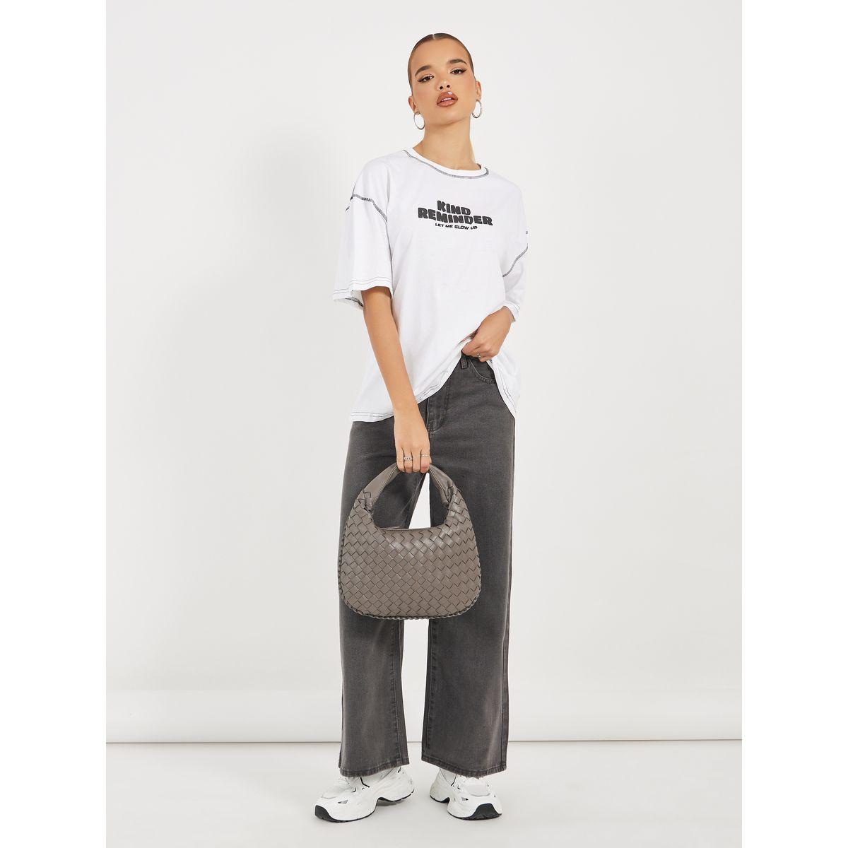 Styli Oversized Slogan Print Round Neck T-Shirt with Contrast Stitch-women-clothing-tshirts-image-2