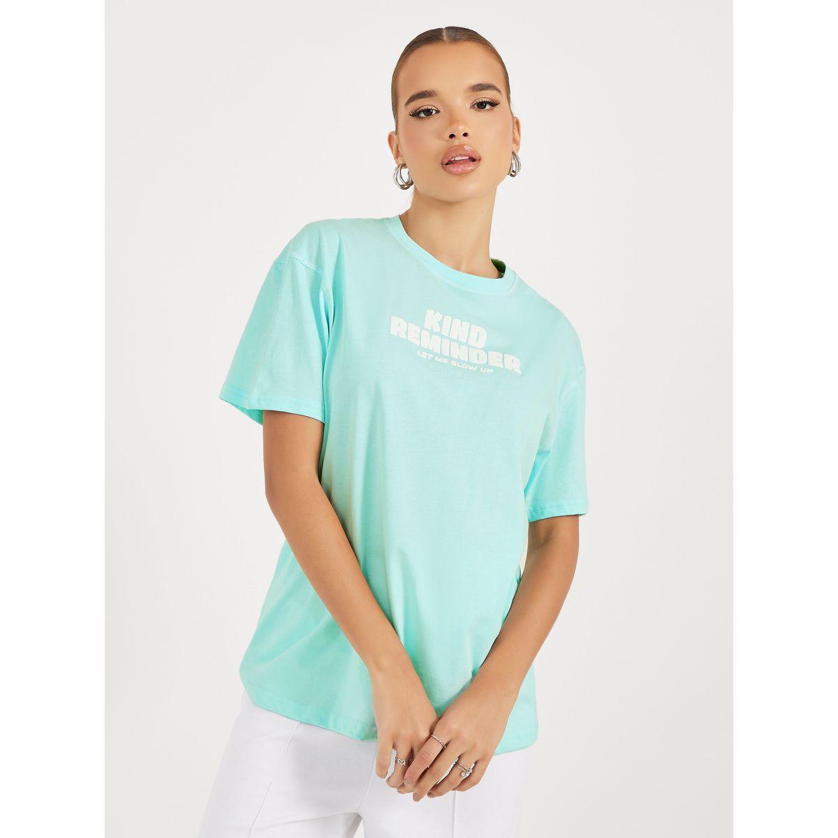 تيشيرت فضفاض بطبعة كتابة وياقة دائرية-women-clothing-tshirts-image-1