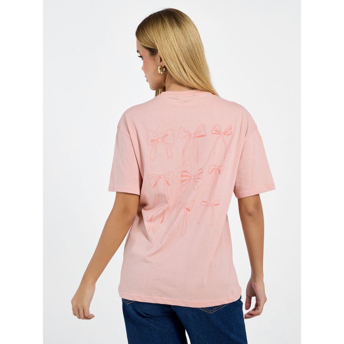 تيشيرت فضفاض بطبعة كتابة وطبعات فيونكة جرافيك-women-clothing-tshirts-image-1