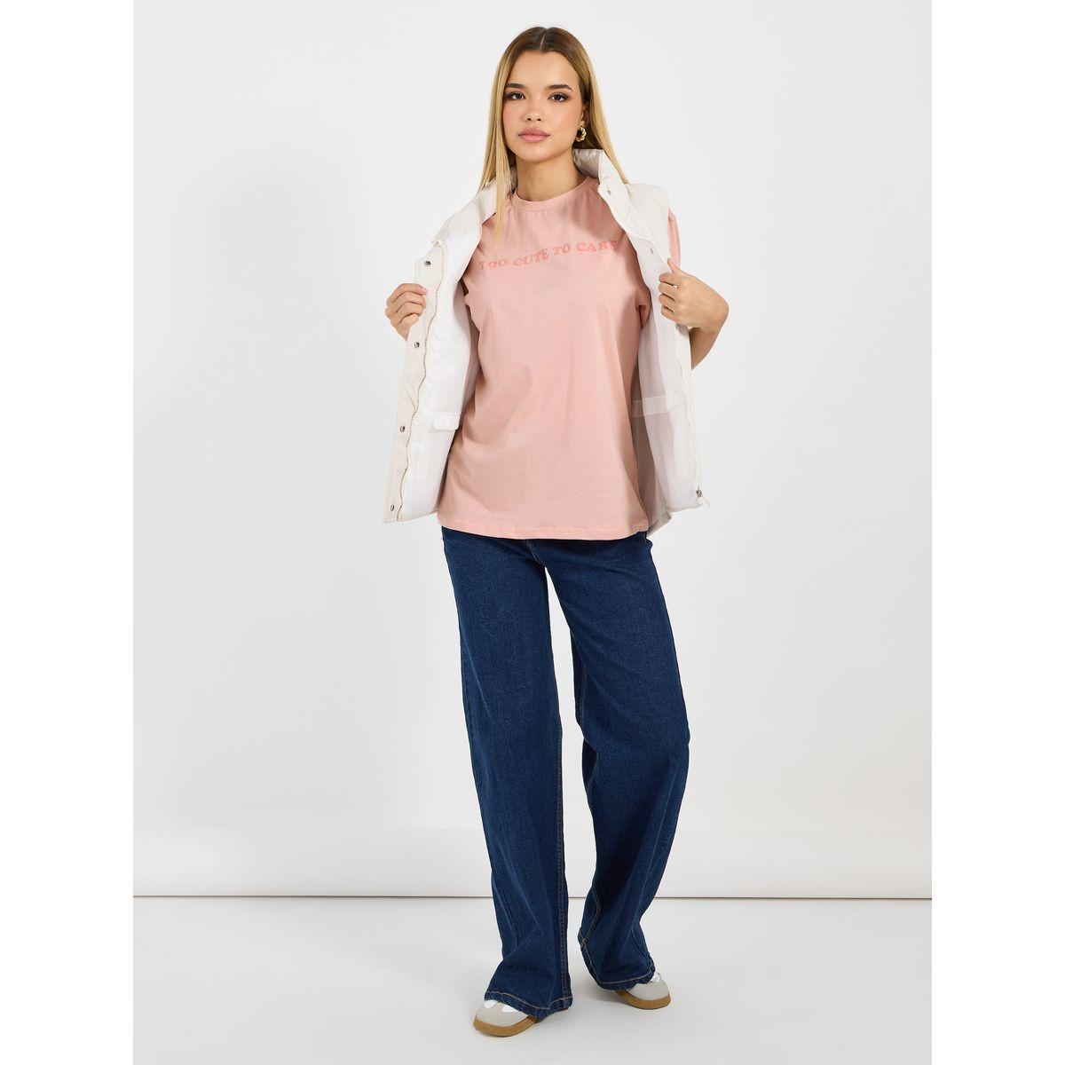 Styli Oversized Too Cute Slogan T-Shirt with Bow Graphic Detail-women-clothing-tshirts-image-2