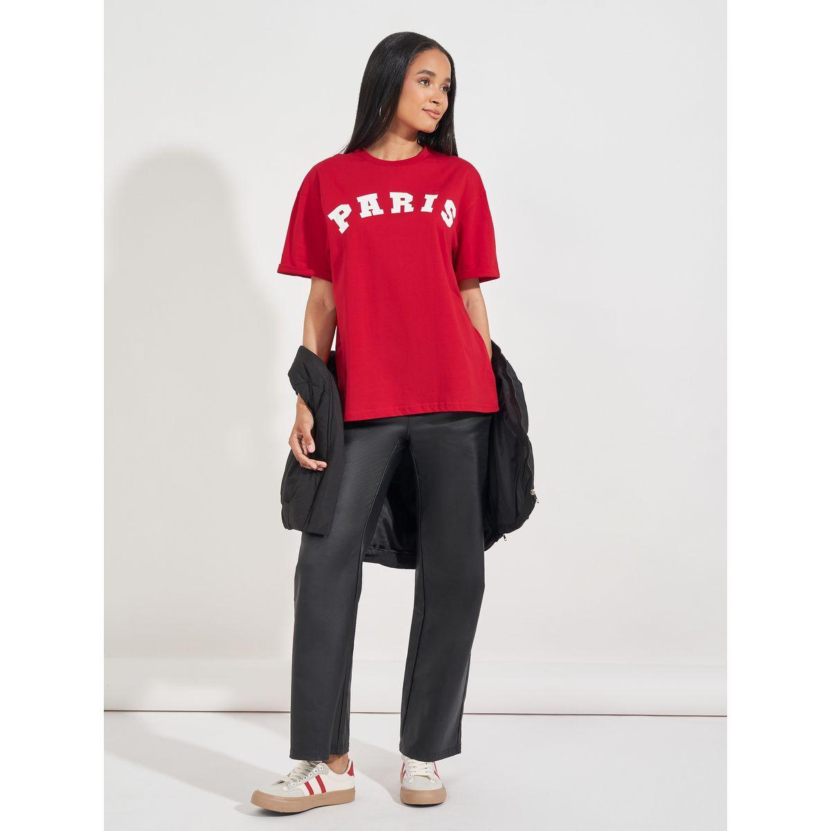 Styli Oversized Paris Print T-Shirt with Turn-Up Sleeves-women-clothing-tshirts-image-2