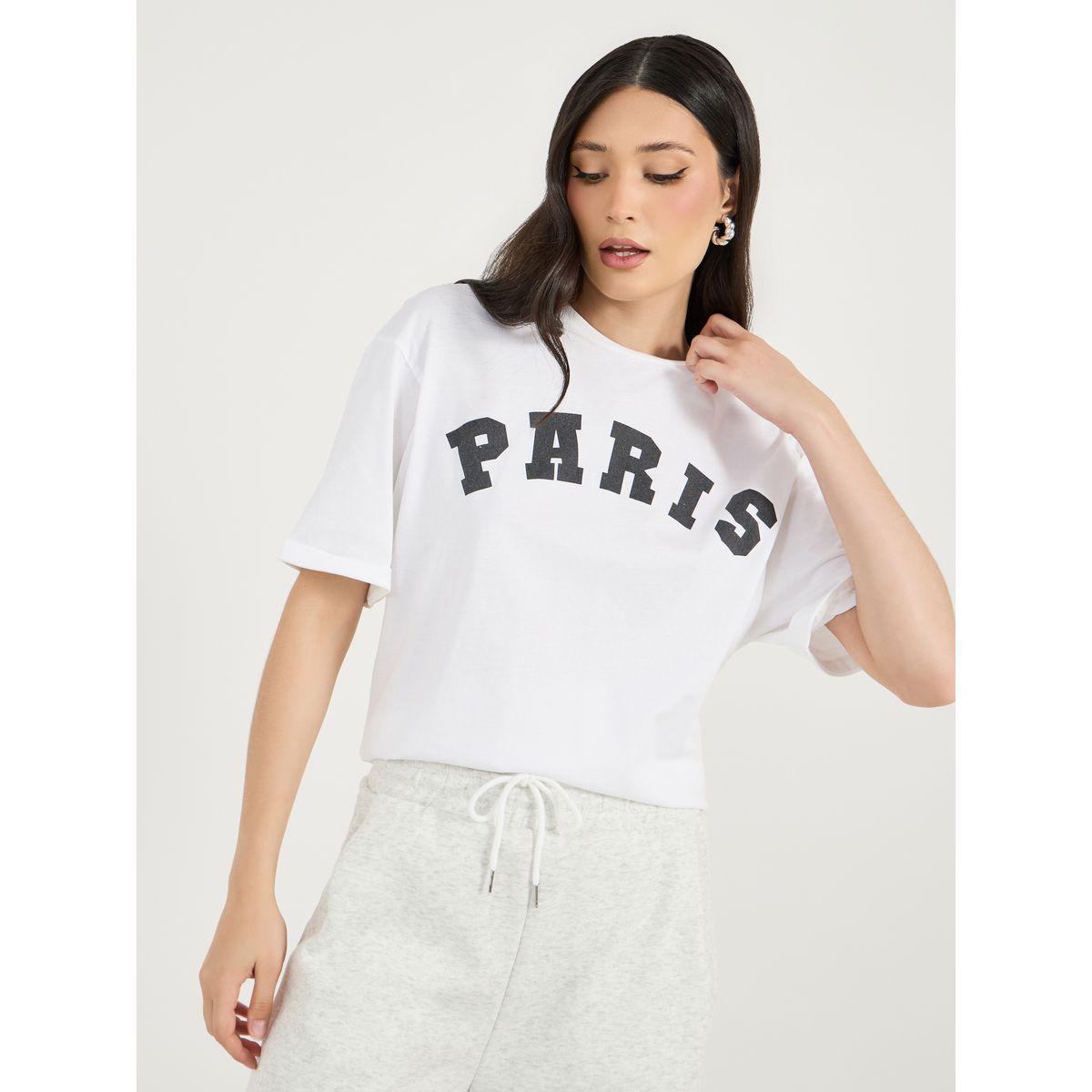 Styli Oversized Paris Print T-Shirt with Turn-Up Sleeves-women-clothing-tshirts-image-1