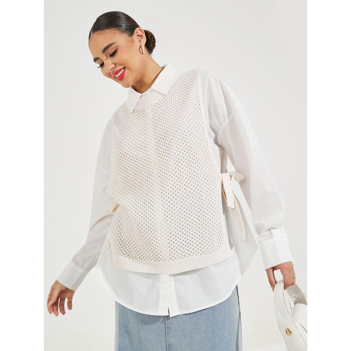 بلوزة بلا اكمام بتفاصيل محبوكة واربطة جانبية-women-clothing-tshirts-image-1