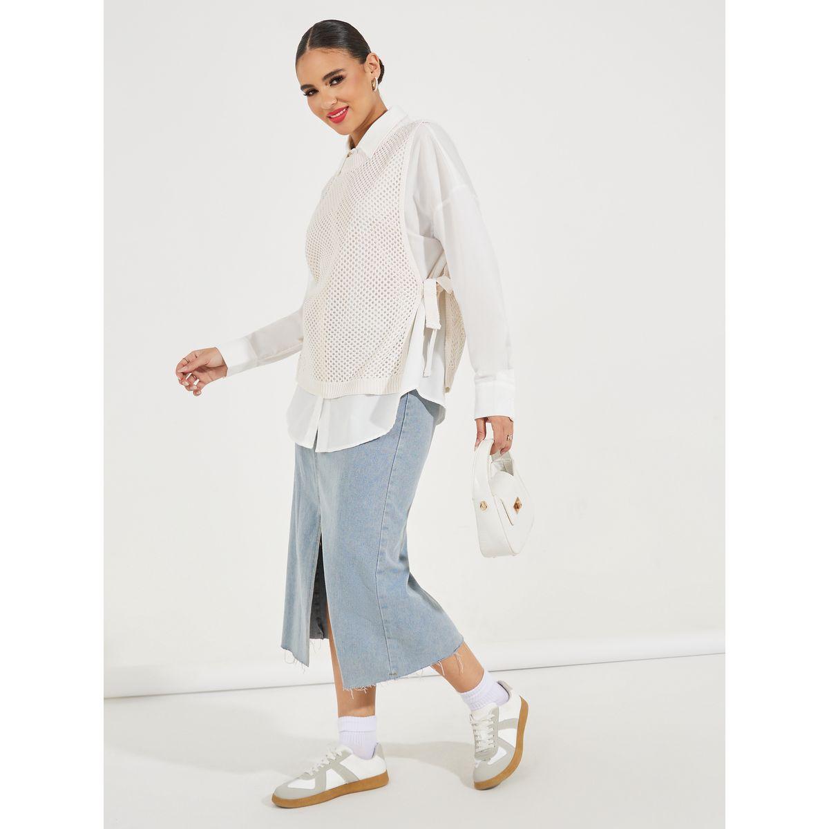 بلوزة بلا اكمام بتفاصيل محبوكة واربطة جانبية-women-clothing-tshirts-image-2