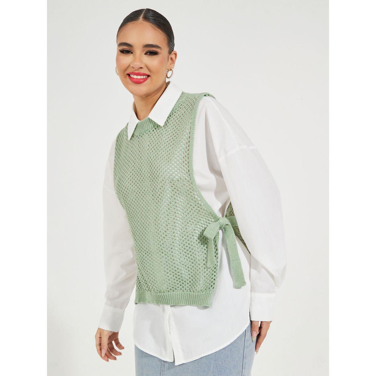 Styli Mesh Knit Insert Sleeveless Tank with Side Tie Up Detail-women-clothing-tshirts-image-1