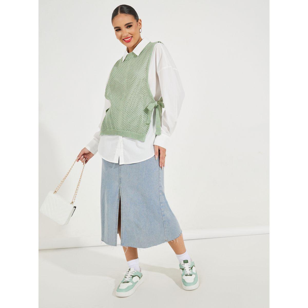 بلوزة بلا اكمام بتفاصيل محبوكة واربطة جانبية-women-clothing-tshirts-image-2