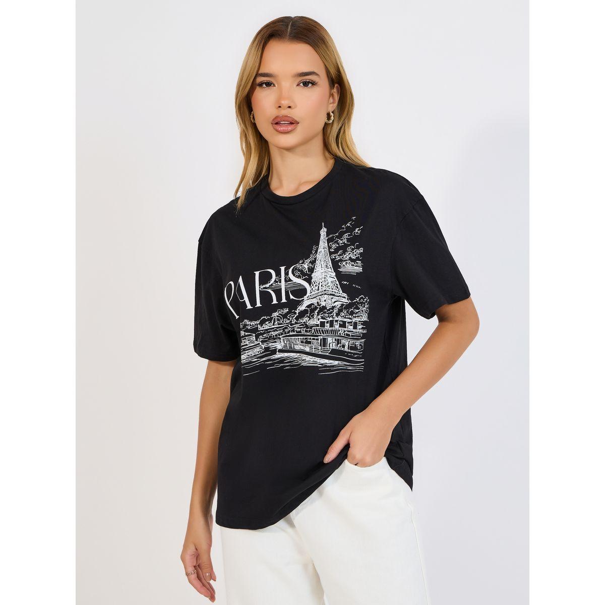 تيشيرت فضفاض بطبعة جرافيك وياقة دائرية-women-clothing-tshirts-image-1