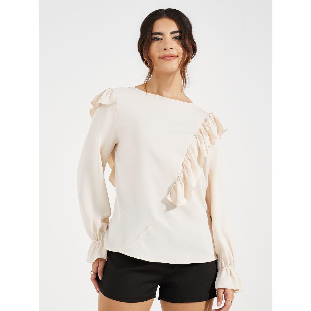 Styli Solid Ruffle Trim Blouse-women-clothing-shirtsandblouses-blouses-image-2