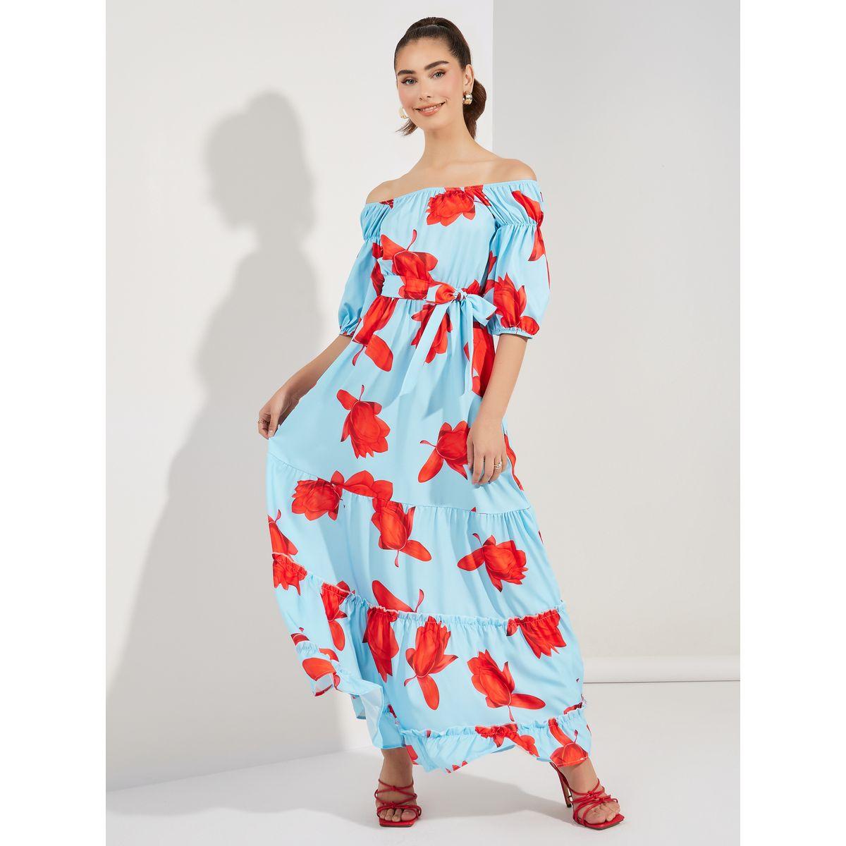 فستان طويل مطبع بزهور مع اكتاف مكشوفة-women-clothing-dresses-image-1