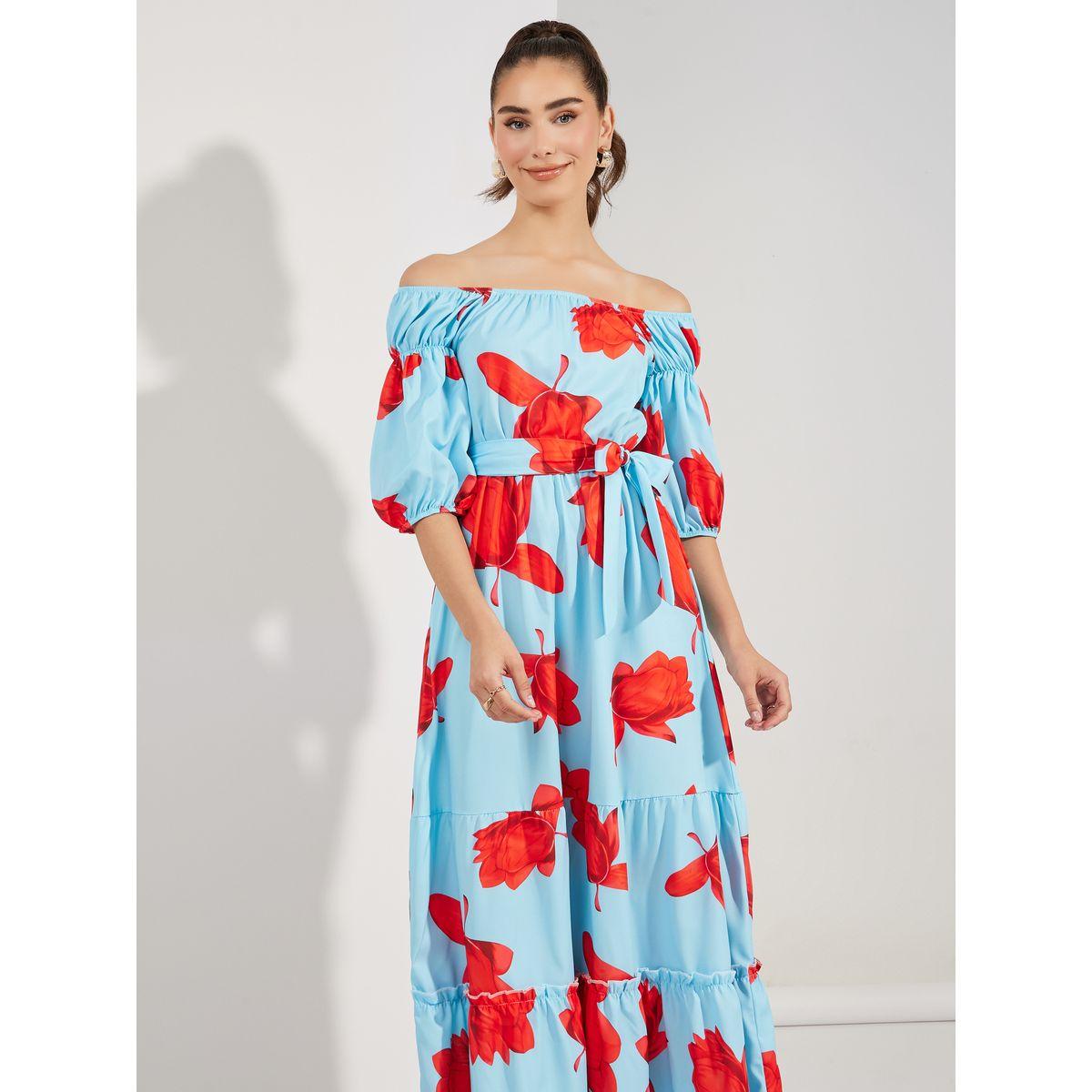 فستان طويل مطبع بزهور مع اكتاف مكشوفة-women-clothing-dresses-image-2