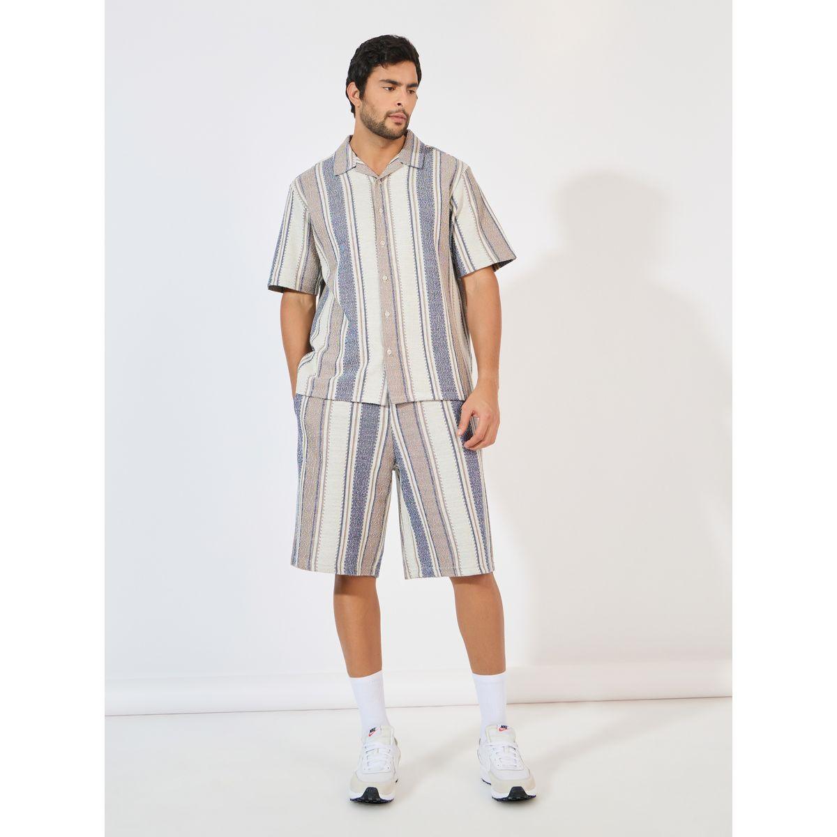 Styli Stripe Knit Resort Collar Relaxed Fit Shirt & Shorts Co-Ords-men-clothing-coordsets-image-1