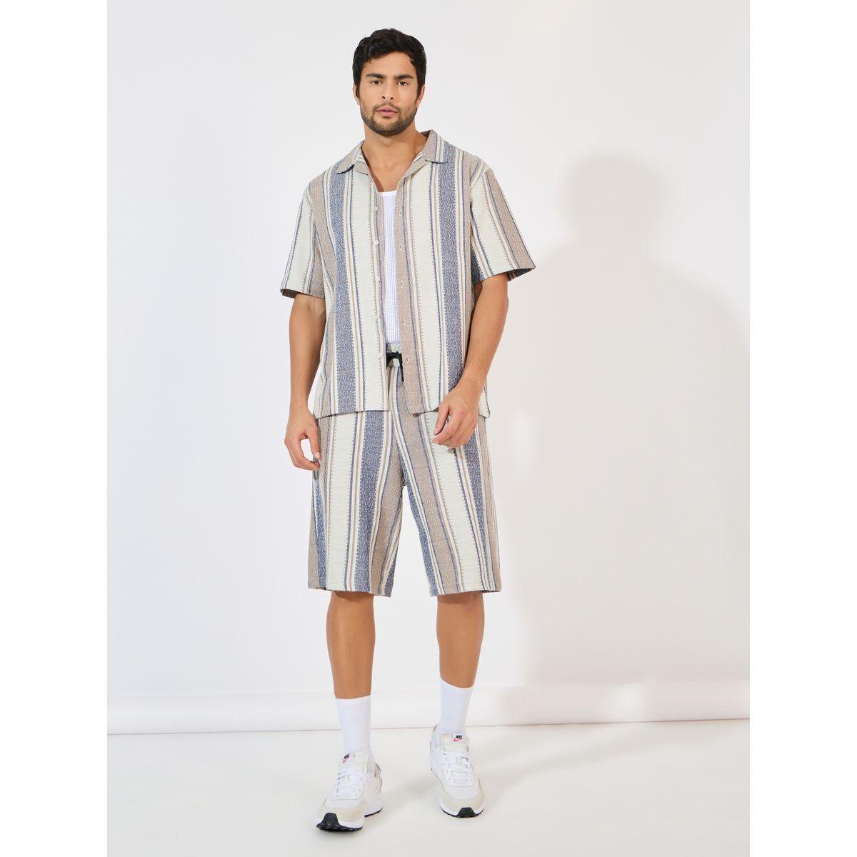 Styli Stripe Knit Resort Collar Relaxed Fit Shirt & Shorts Co-Ords-men-clothing-coordsets-image-2