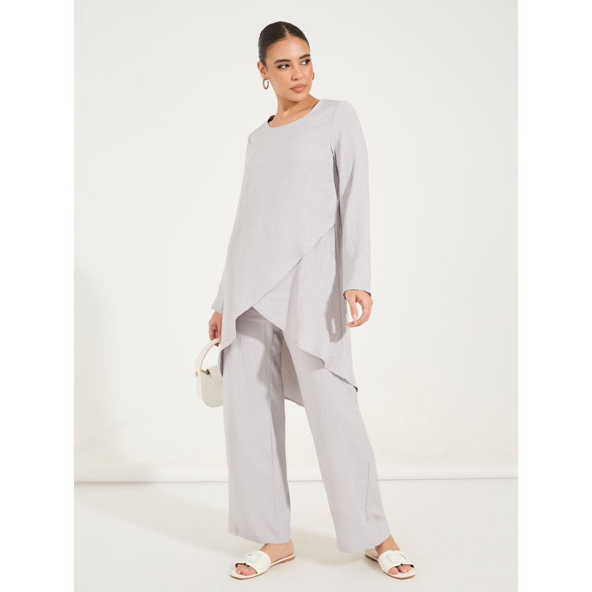 Styli Solid Layered Hem Top & Wide Leg Pants Modest Set-women-arabicclothing-sets-image-1