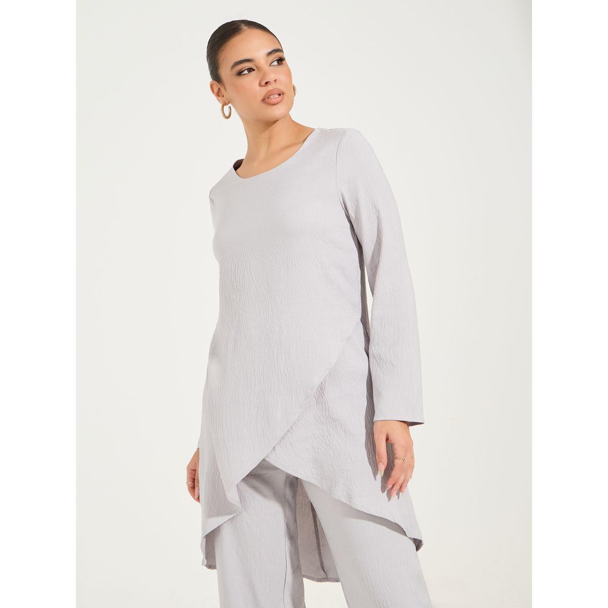 Styli Solid Layered Hem Top & Wide Leg Pants Modest Set-women-arabicclothing-sets-image-2
