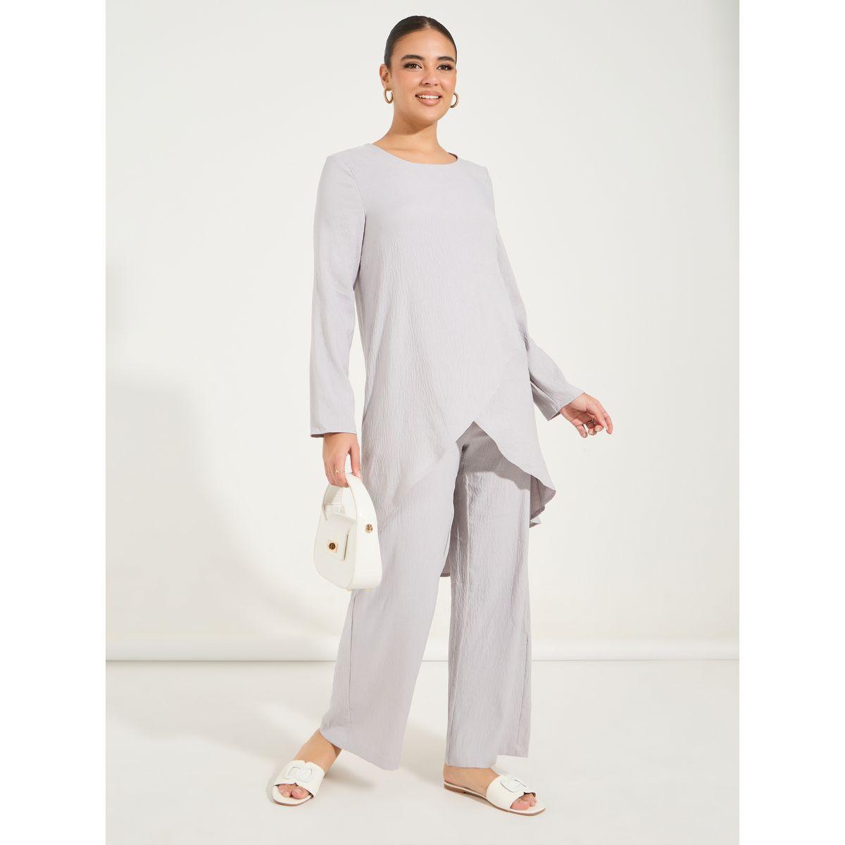 Styli Solid Layered Hem Top & Wide Leg Pants Modest Set-women-arabicclothing-sets-image-4