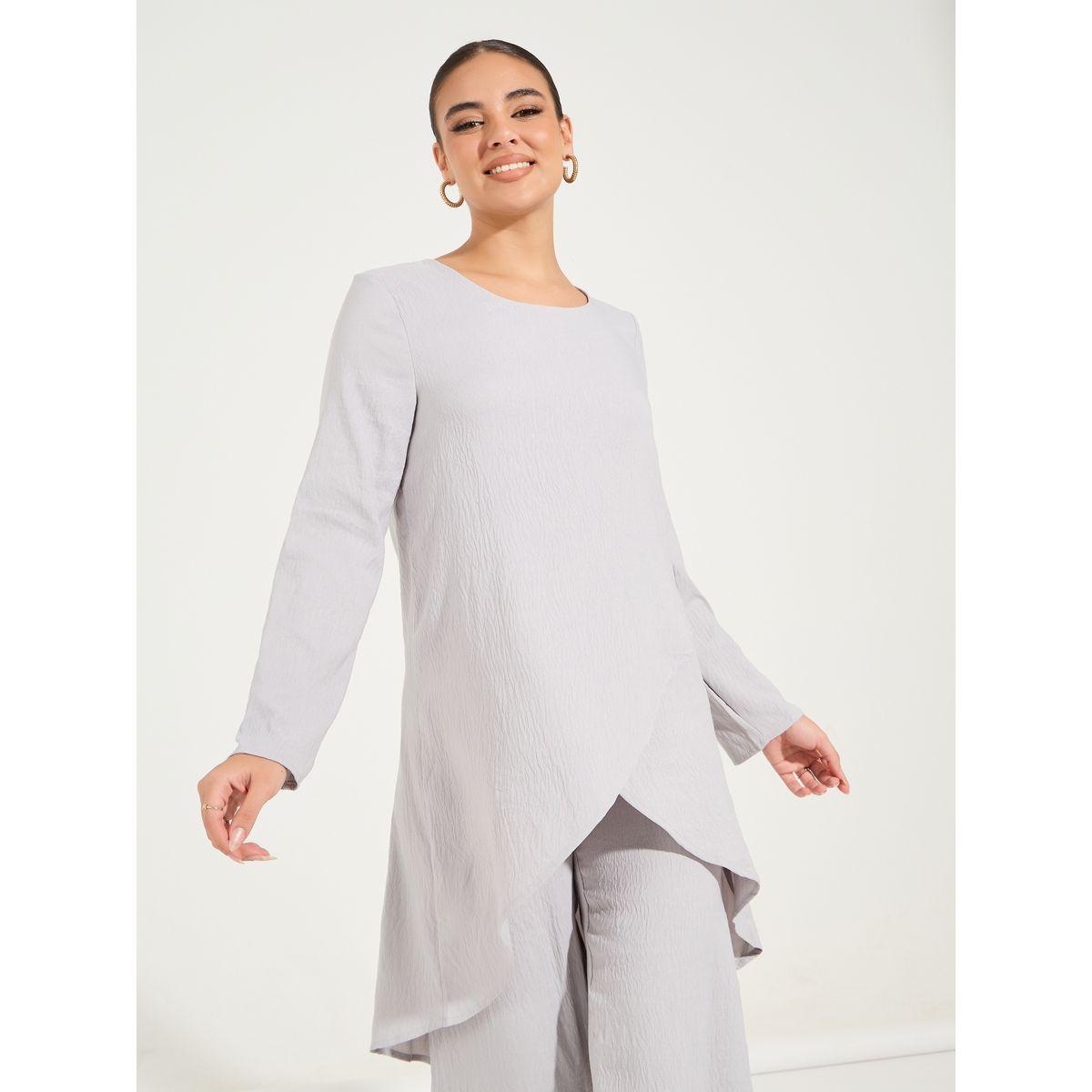 Styli Solid Layered Hem Top & Wide Leg Pants Modest Set-women-arabicclothing-sets-image-5