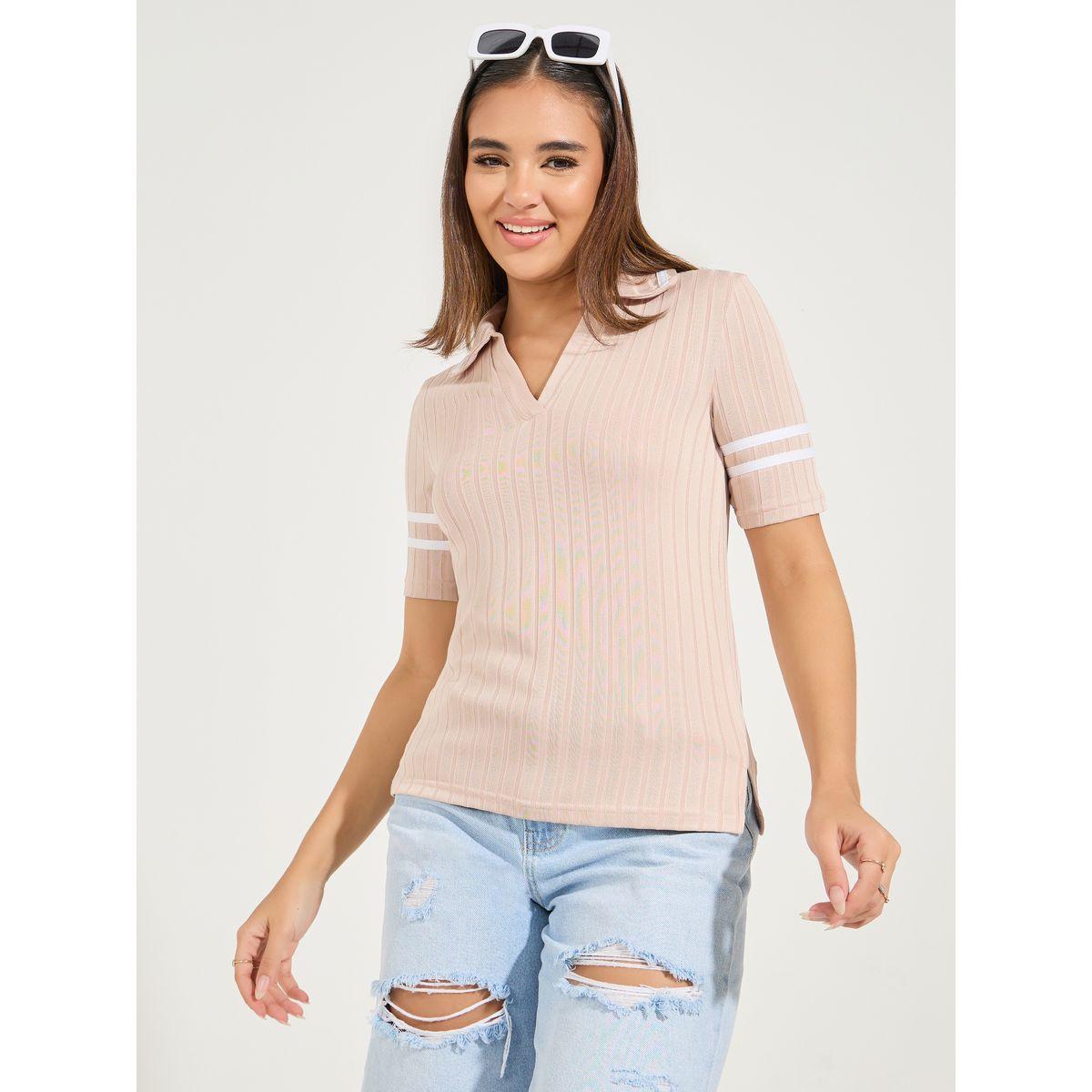 Styli Rib Slim Fit Contrast Sleeve Detail Polo T-Shirt-women-clothing-tshirts-image-1