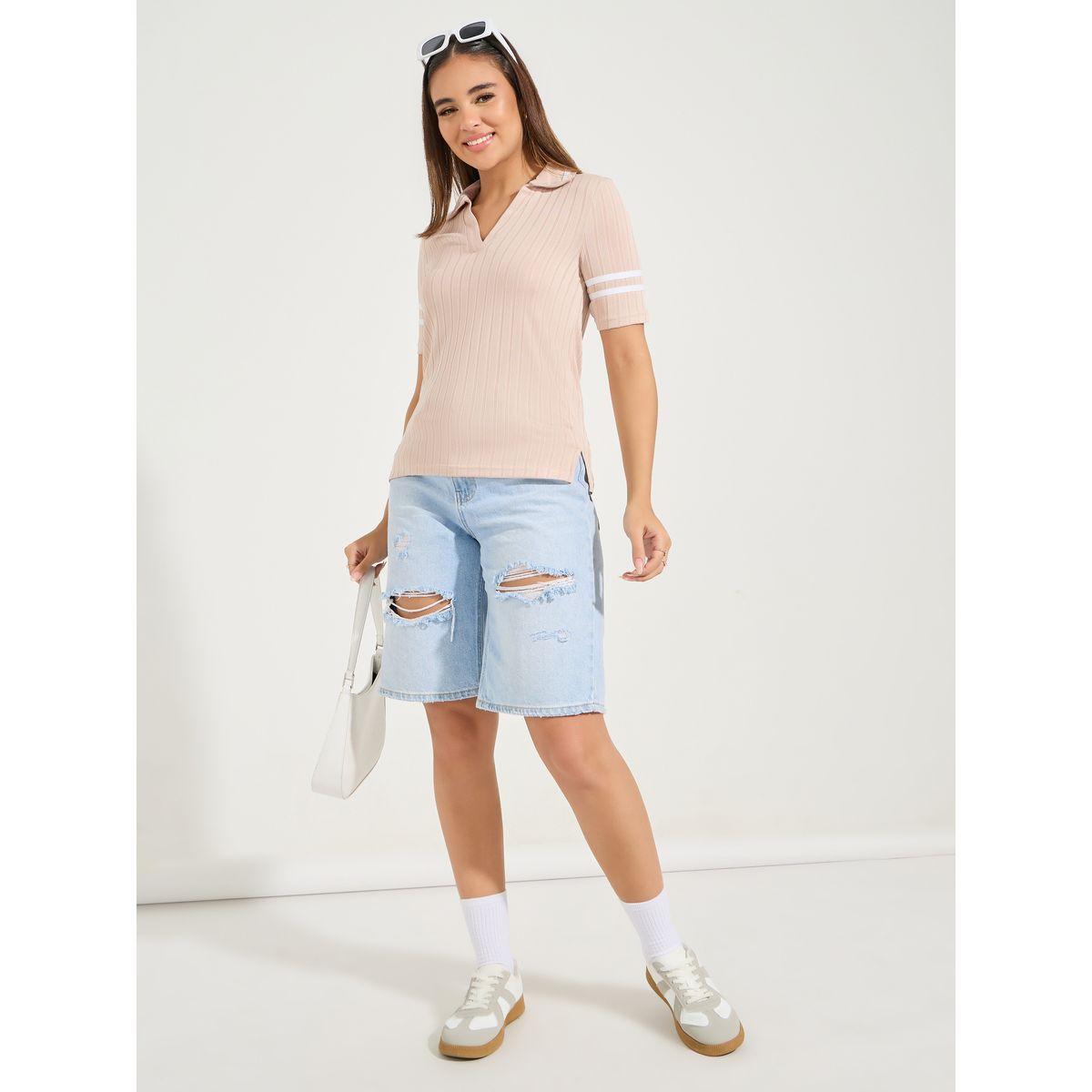 Styli Rib Slim Fit Contrast Sleeve Detail Polo T-Shirt-women-clothing-tshirts-image-2