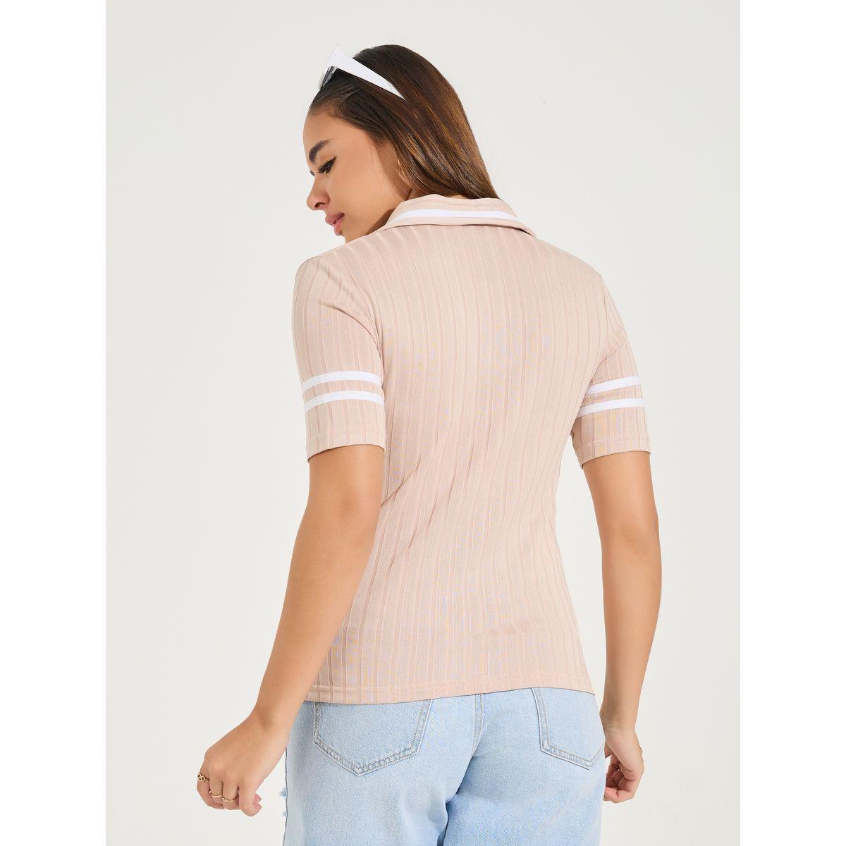 تيشيرت مضلع بقصة سليم فت مع ياقة بولو-women-clothing-tshirts-image-4