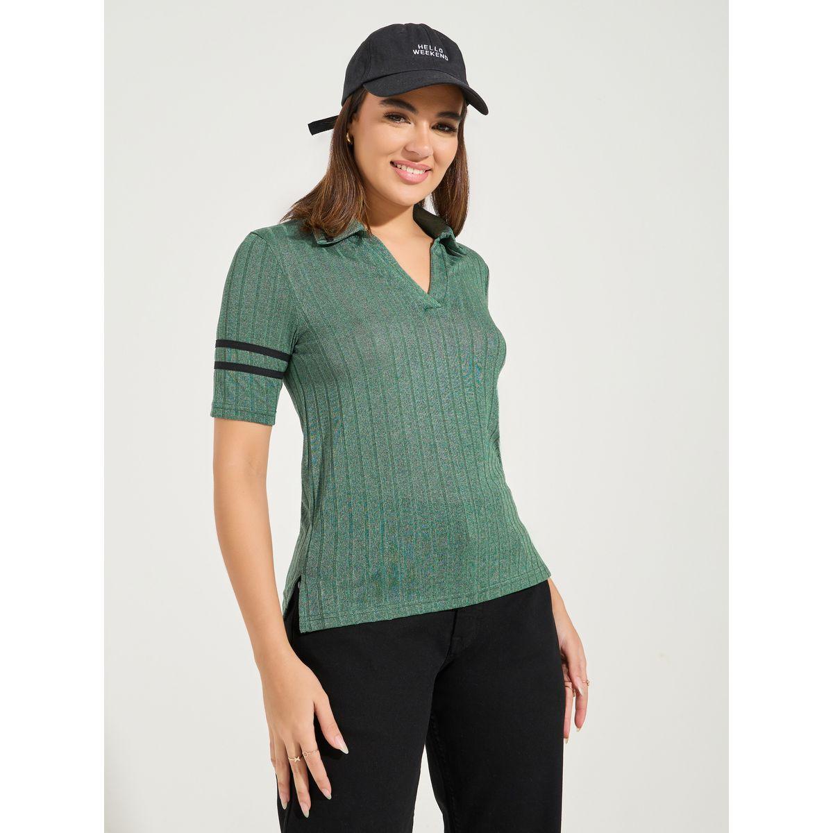 تيشيرت مضلع بقصة سليم فت مع ياقة بولو-women-clothing-tshirts-image-1