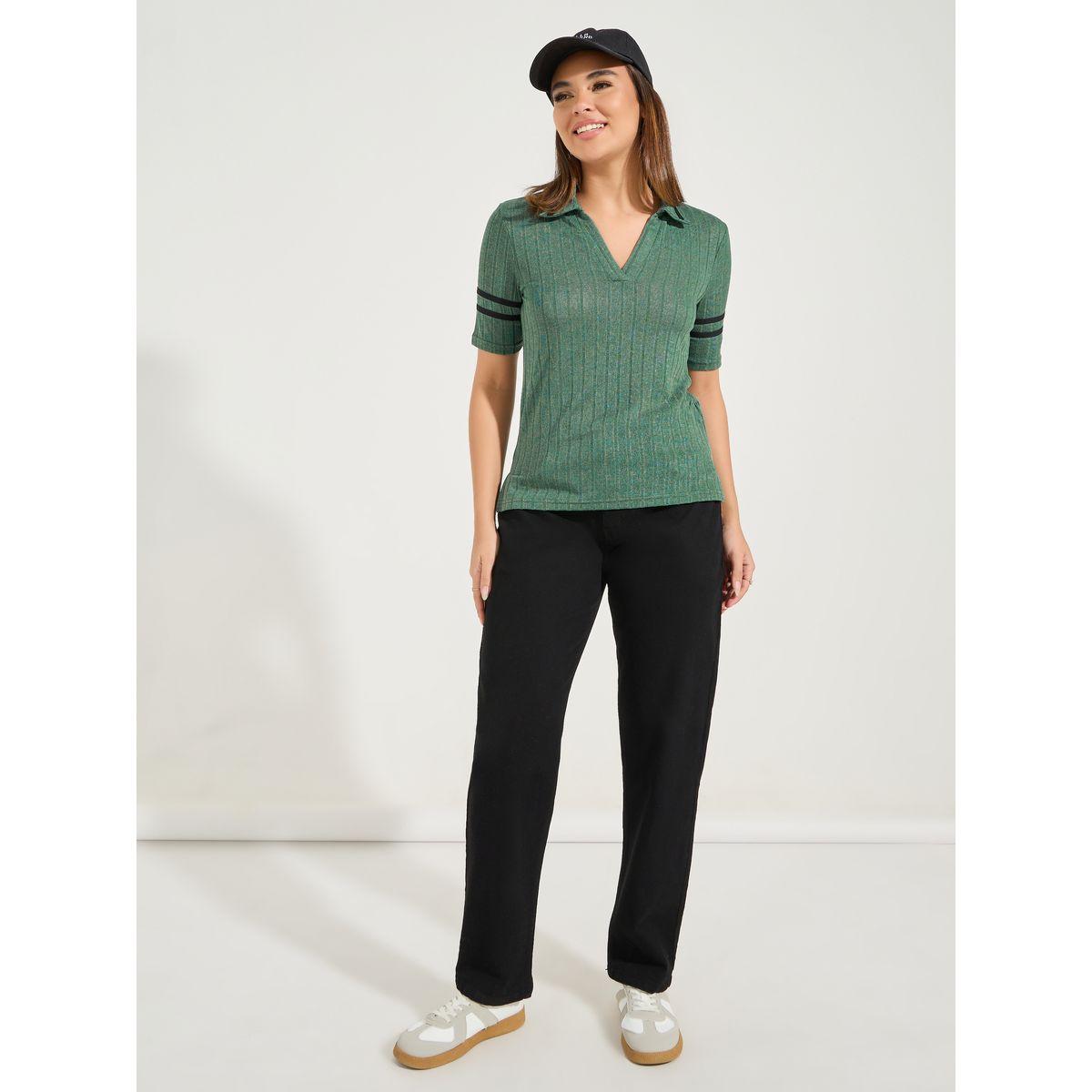 Styli Rib Slim Fit Contrast Sleeve Detail Polo T-Shirt-women-clothing-tshirts-image-2