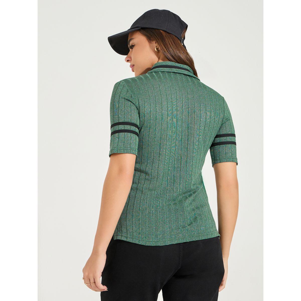 تيشيرت مضلع بقصة سليم فت مع ياقة بولو-women-clothing-tshirts-image-4