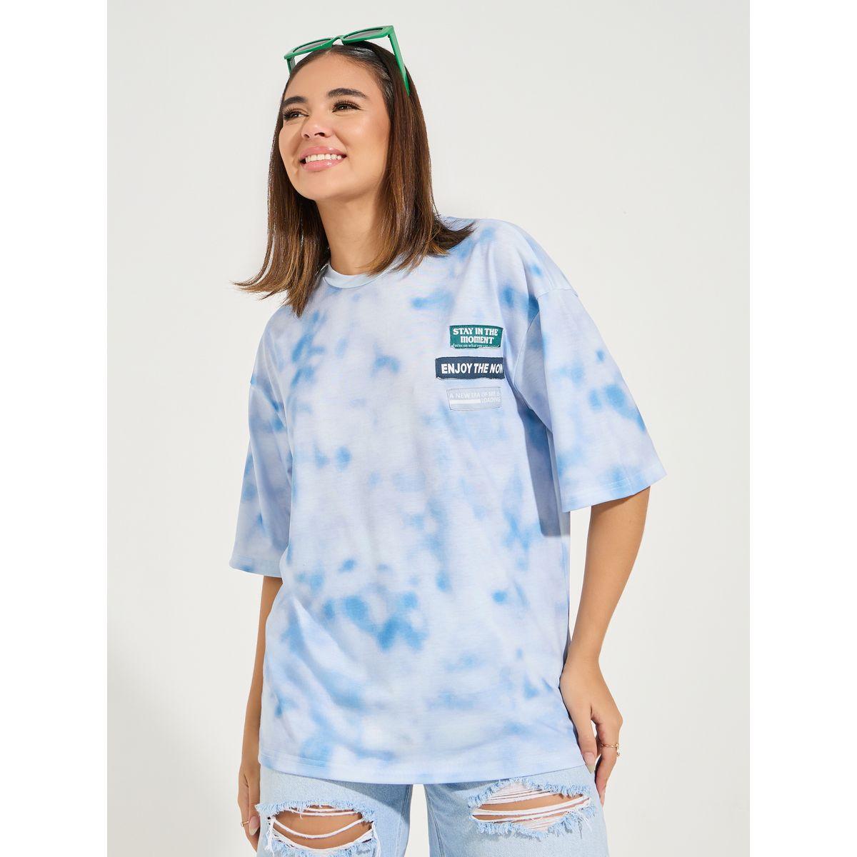 Styli Oversized Acid Wash Patch Detail T-Shirt with Dropped Shoulder-women-clothing-tshirts-image-1