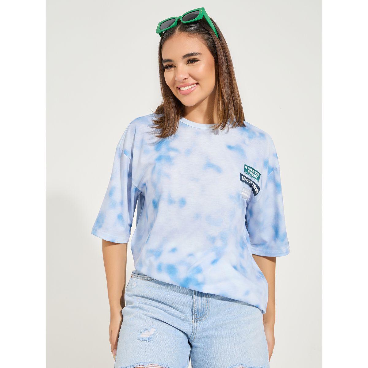 تيشيرت فضفاض مزين بشارة مع اكتاف منخفضة-women-clothing-tshirts-image-2
