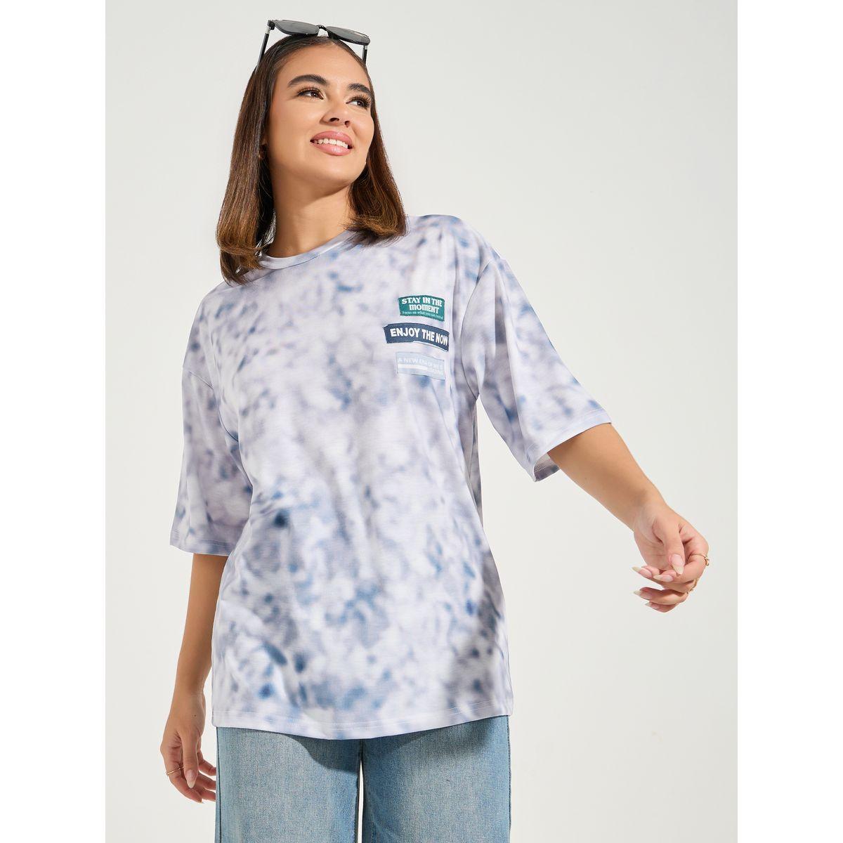 Styli Oversized Acid Wash Patch Detail T-Shirt with Dropped Shoulder-women-clothing-tshirts-image-3