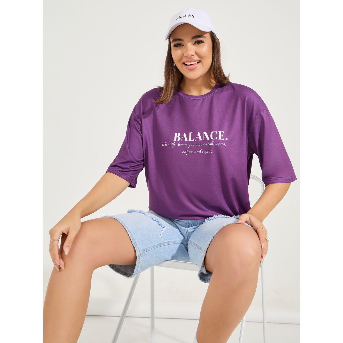 تيشيرت فضفاض مطبع بكتابة مع اكتاف منخفضة-women-clothing-tshirts-image-1