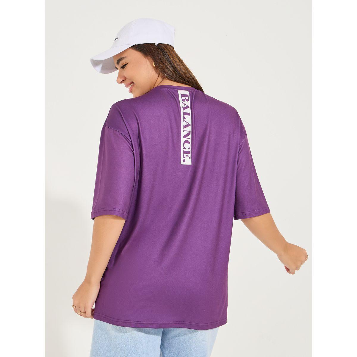 تيشيرت فضفاض مطبع بكتابة مع اكتاف منخفضة-women-clothing-tshirts-image-5