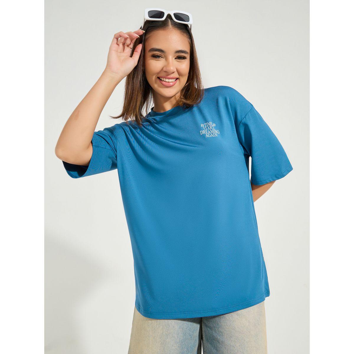 تيشيرت فضفاض مطبع بكتابة مع اكتاف منخفضة-women-clothing-tshirts-image-2