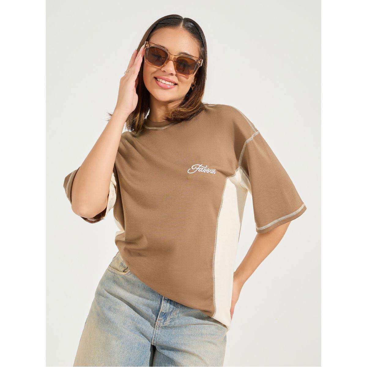 تيشيرت فضفاض بنمط كتل الالوان مع اكتاف منخفضة-women-clothing-tshirts-image-1