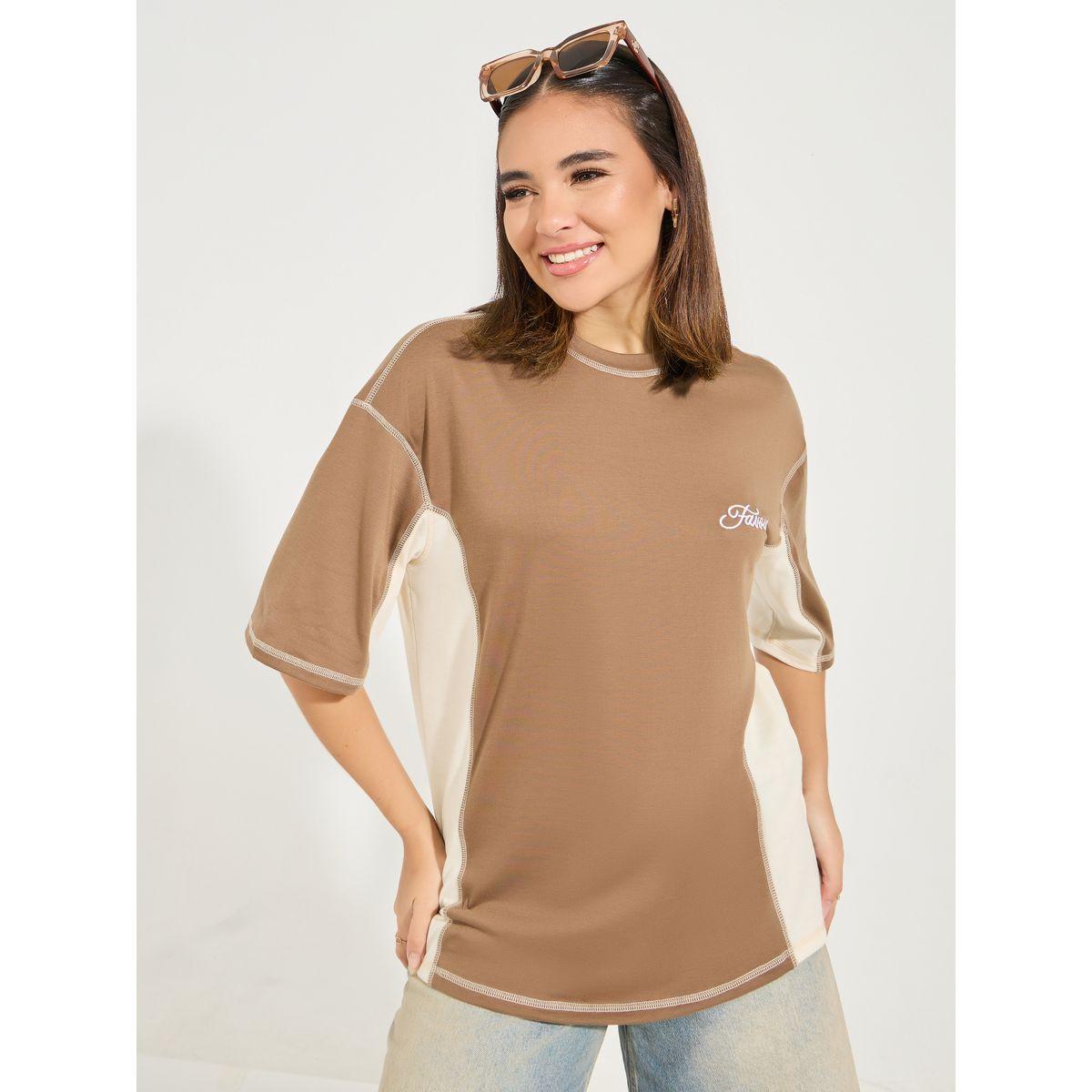 Styli Oversized Color Block T-Shirt with Dropped Shoulder-women-clothing-tshirts-image-2