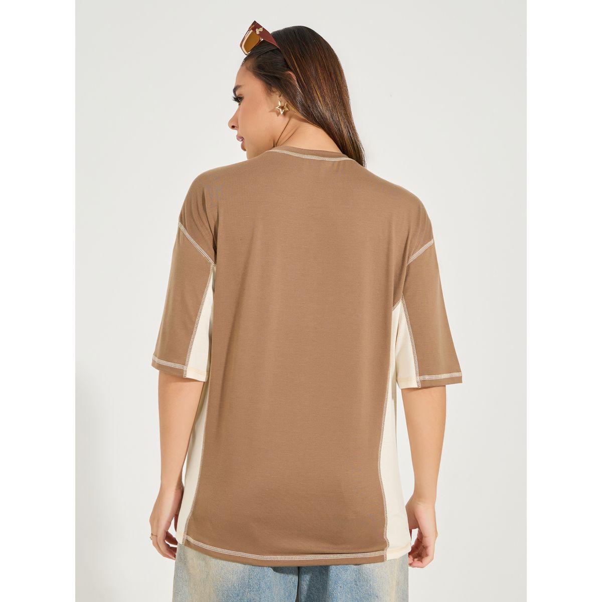 تيشيرت فضفاض بنمط كتل الالوان مع اكتاف منخفضة-women-clothing-tshirts-image-5