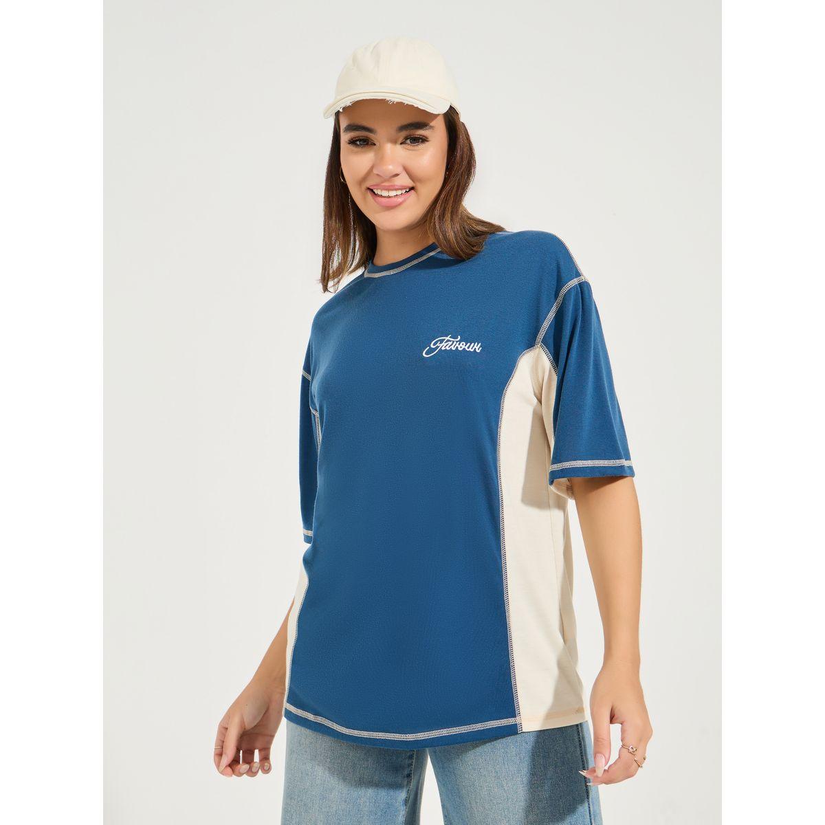 تيشيرت فضفاض بنمط كتل الالوان مع اكتاف منخفضة-women-clothing-tshirts-image-2