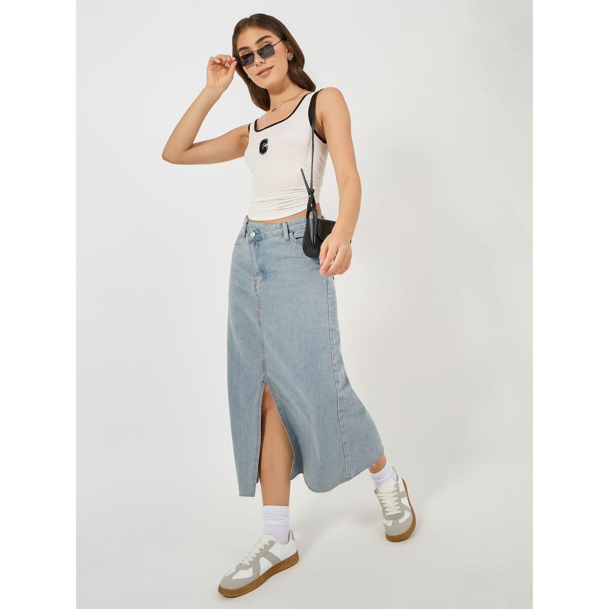 Styli Solid Denim Midi Skirt with Front Slit-women-clothing-bottoms-skirts-image-1