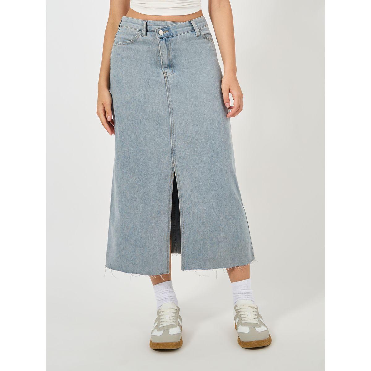 Styli Solid Denim Midi Skirt with Front Slit-women-clothing-bottoms-skirts-image-2